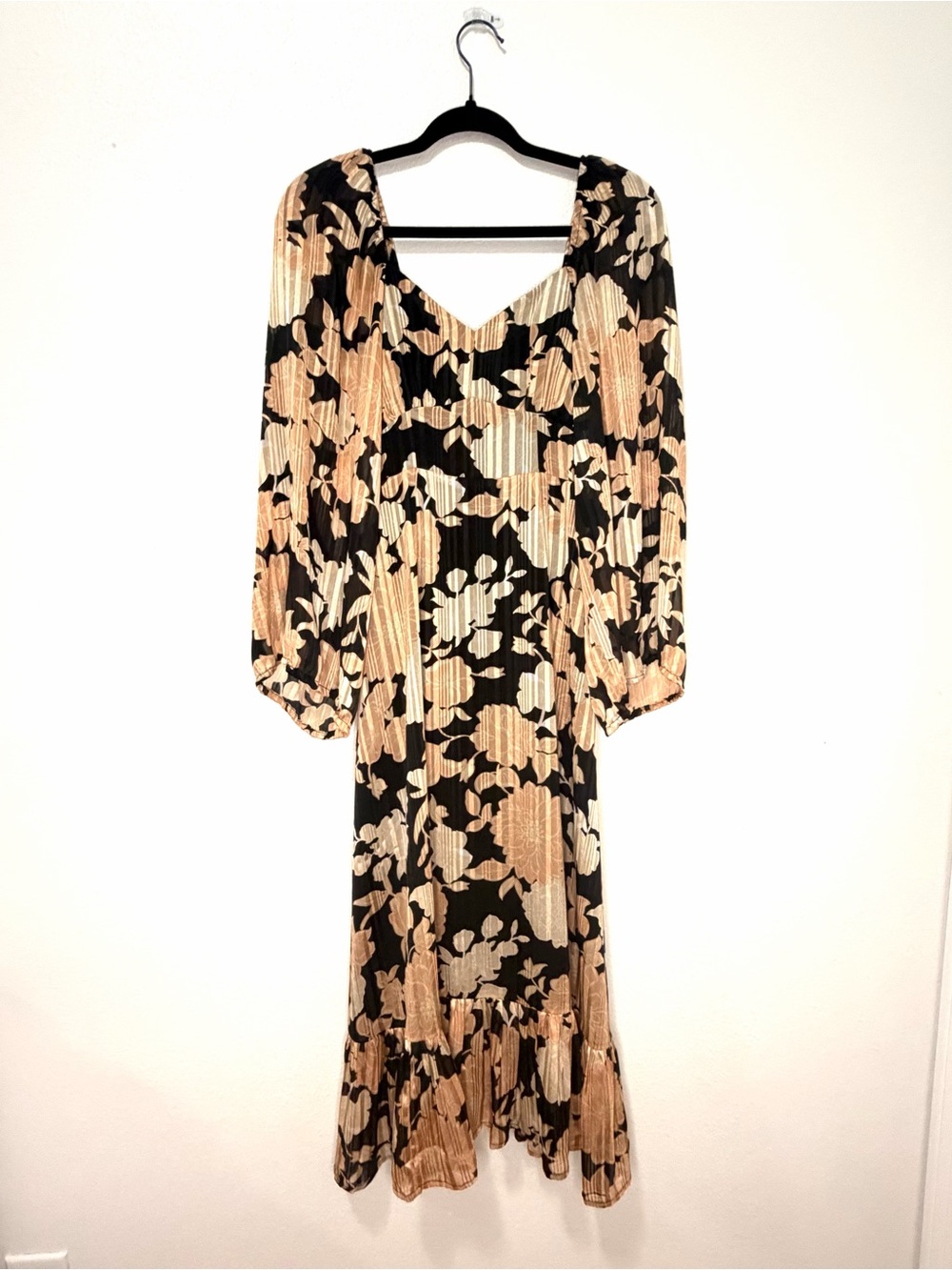 Black and Beige Floral Midi Dress - Women - Cocktail Attire